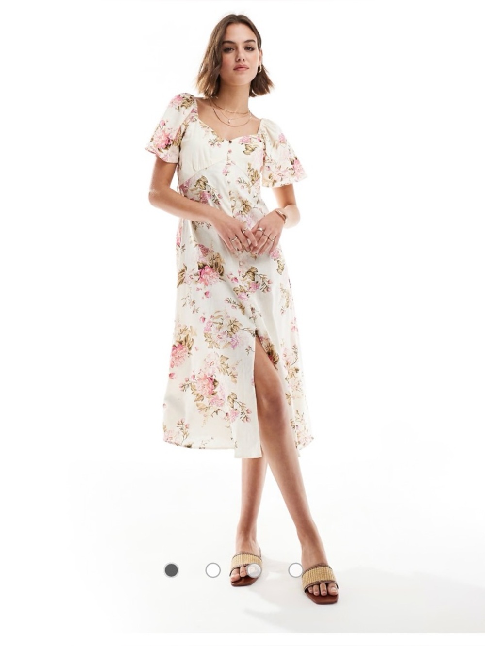 Mango button up floral midi dress in white- Cream Midi Dress with Pink Blooms